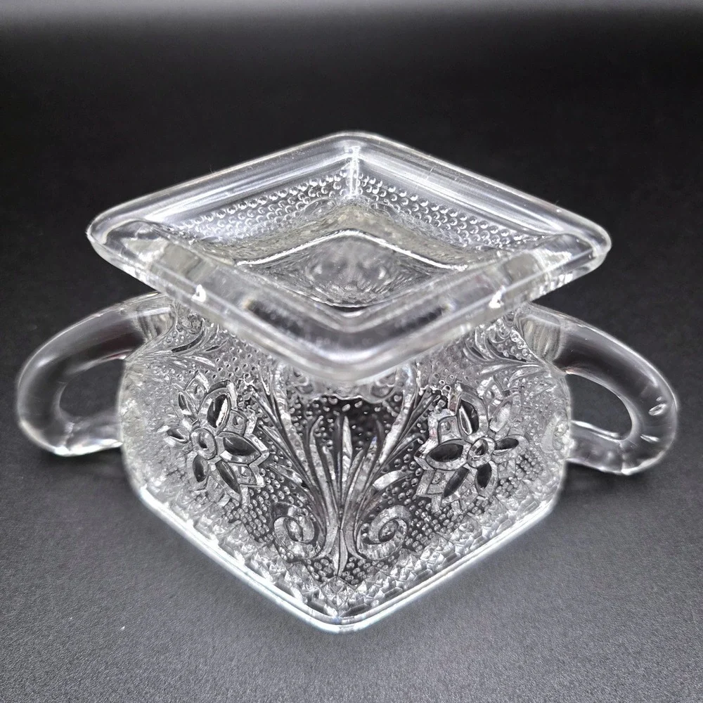 Vintage Clear Pressed Glass‎ Creamer and Sugar Bowl Set Floral Diamond Pattern